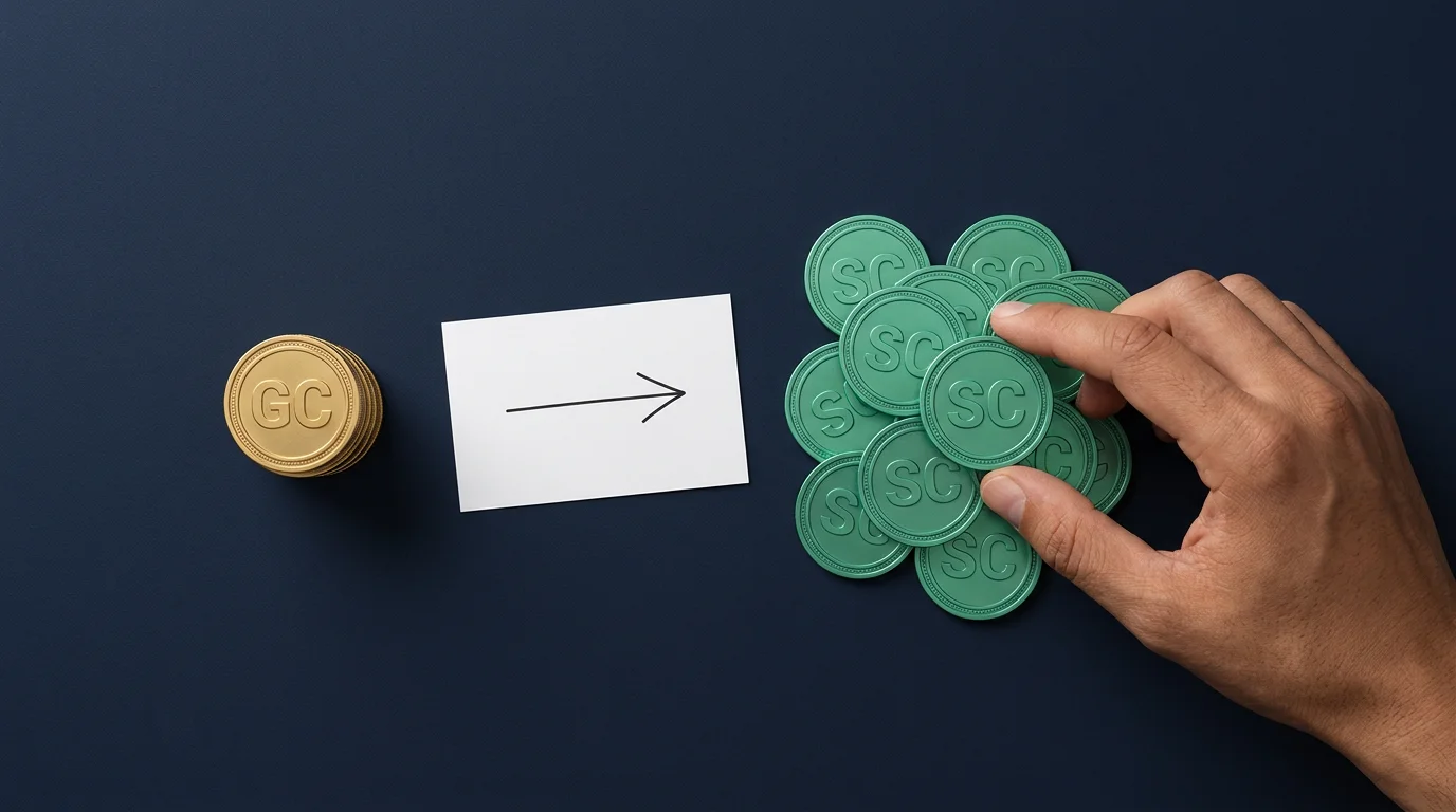 Sweepstakes casino dual currency model showing Gold Coins and Sweeps Coins purchase flow