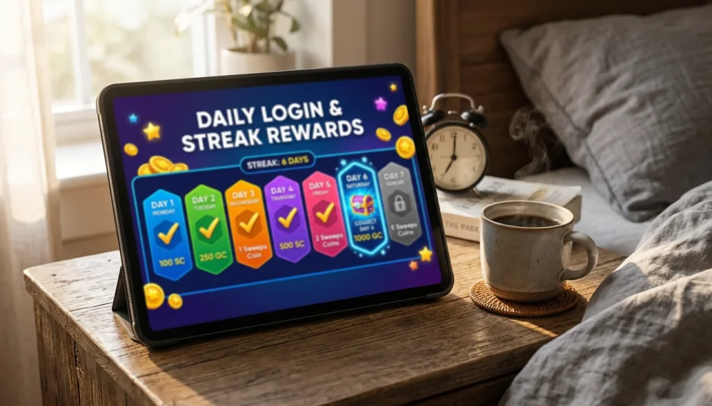 Sweepstakes casino daily login bonuses and streak reward systems