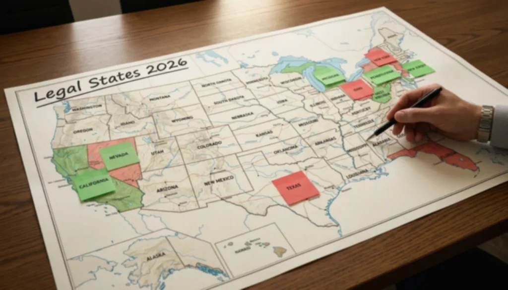 US map showing sweepstakes casino legal states and banned states in 2026