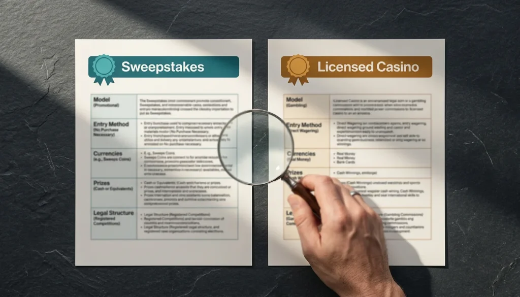 Side-by-side comparison of sweepstakes casinos and regulated real money casinos